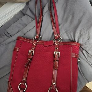 Coach Red Signature Tote Bag with Buckle Accents